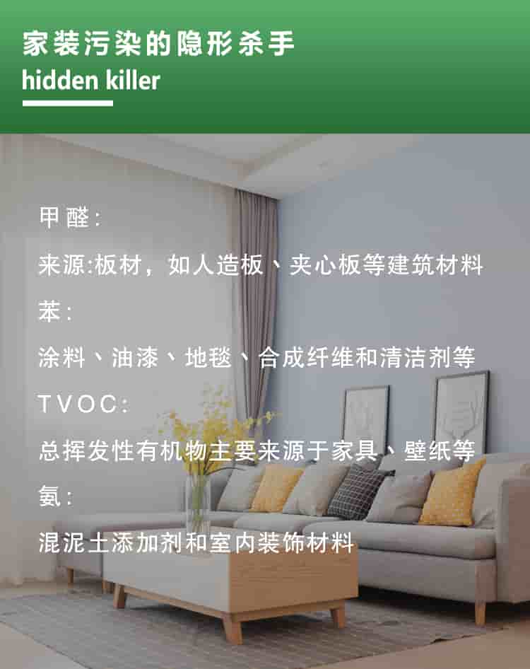家裝隱形殺手，hidden killer，甲醛來(lái)源板材，如人造板材丶夾心板等建筑材料，苯涂料丶油漆丶地毯丶合成纖維和清潔劑等，TVOC總揮發(fā)性有機(jī)物主要來(lái)源于家具壁紙等，氨混泥土添加劑和室內(nèi)裝飾材料