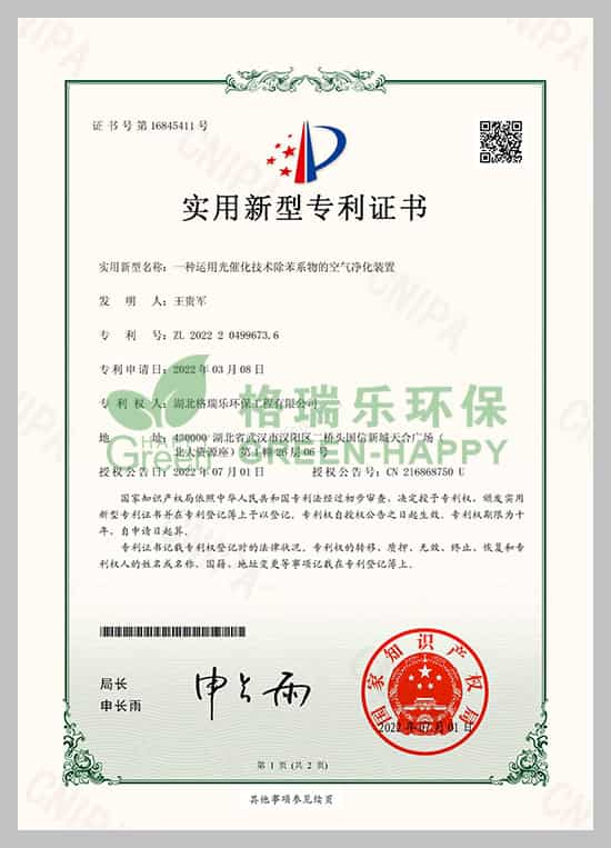 格瑞樂(lè)專(zhuān)利,實(shí)用新型專(zhuān)利,光催化技術(shù),室內(nèi)除苯系物,空氣凈化裝置
